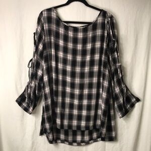 LOFT Women’s Tunic Split Sleeves with Ties Boat Neck Black White Plaid XXL